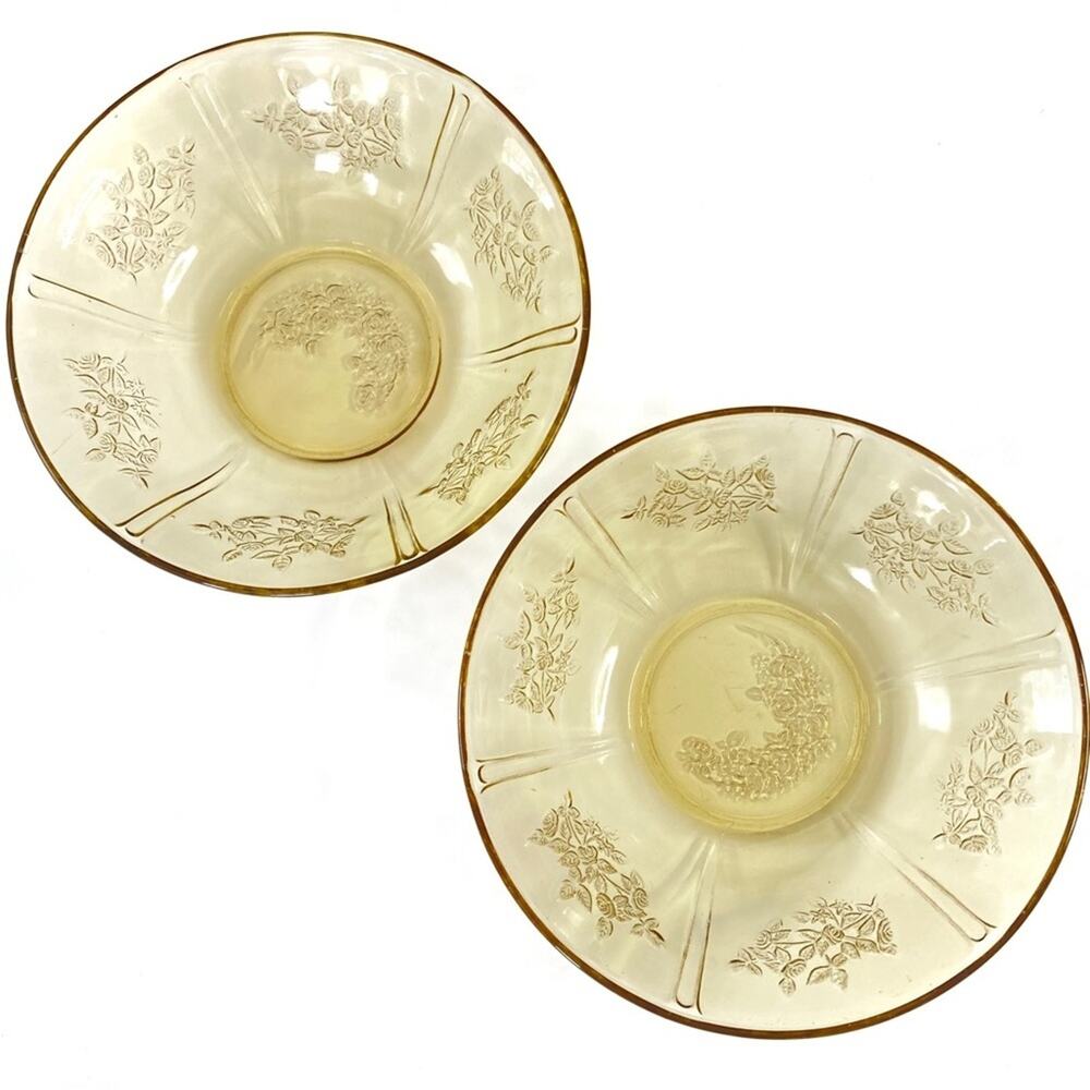 Set Of 2 VTG Anchor Hocking Amber Yellow Mayfair Cabbage Rose Serving Bowl 8.5”